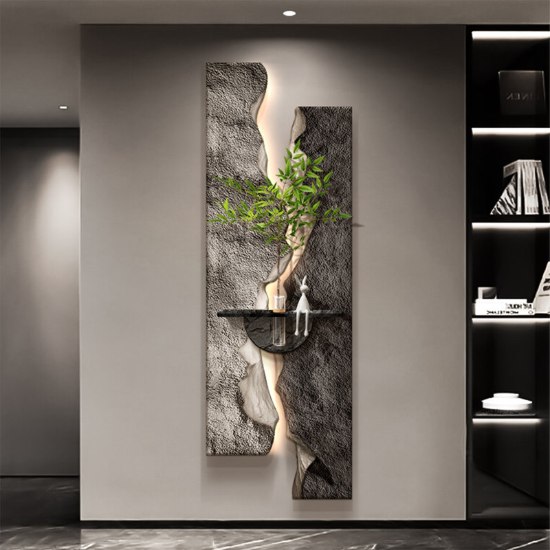Art mural vertical vertical en grès texturé 3D avec lumière DEL, tablette murale flottante décorative avec vase en verre et plantes vertes artificielles