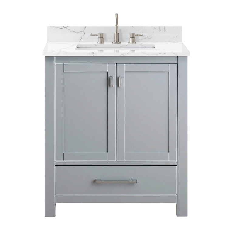 Meuble-lavabo simple 30 po avec plateau Souther, Gris givré, Marbre blanc de Cala, Nickel brossé