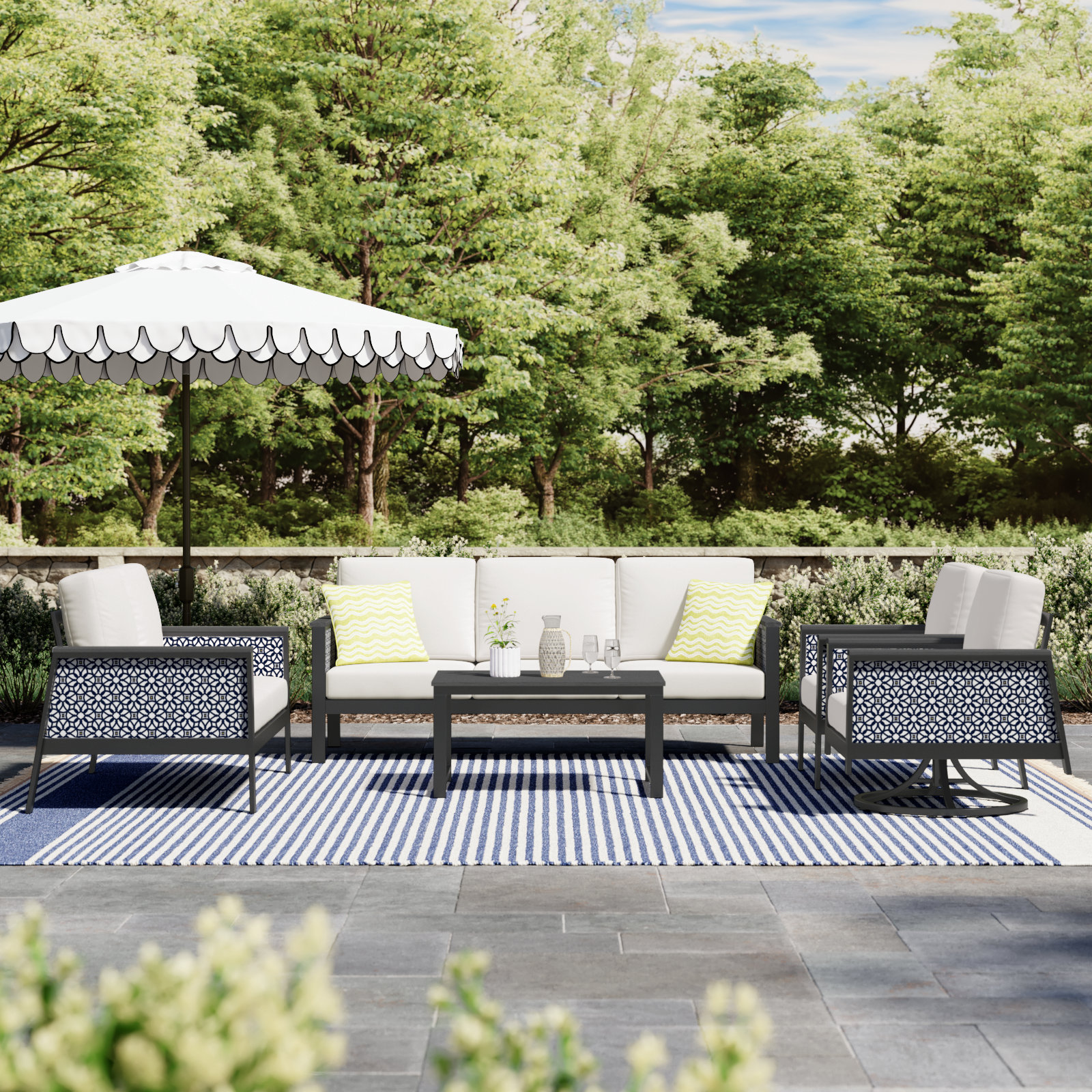 Townsend 5 Piece Sunbrella Sofa Seating Group with Cushions, Canvas White/Lux Indigo Fabric