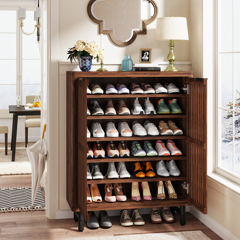 24 Pair Shoe Storage Cabinet with 2 Shutter Doors, Brown