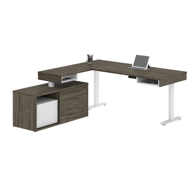 Bureau pour travailler debout en L Hansel, Noyer Gris / Blanc