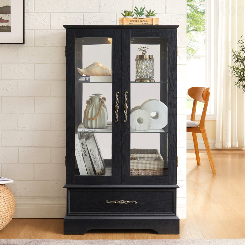 Vitrine vitrée noire avec tablettes réglables, vitrine à 2 portes avec tiroir intégré et ampoule