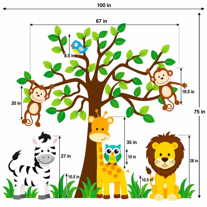 Décalcomanie murale jungle, arbre, giraffe et safari de la chambre d’enfant, Schéma B