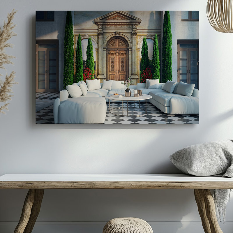 Toile d'un salon moderne et élégant avec un grand canapé modulaire blanc d'art mural placé au premier plan complété par une toile murale