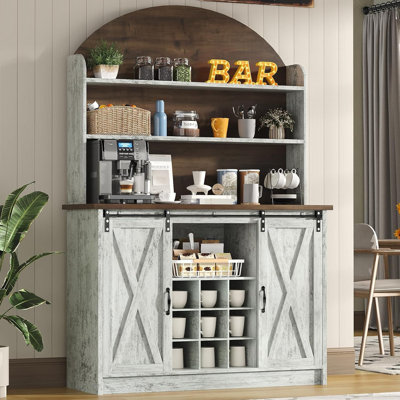 Coffee Bar with 3-Tier Storage, 67" Coffee Bar Cabinet with Sliding Barn Doors & Wine Rack, Kitchen Hutch Cabinet for Living Room, Dining Room by Gracie Oaks