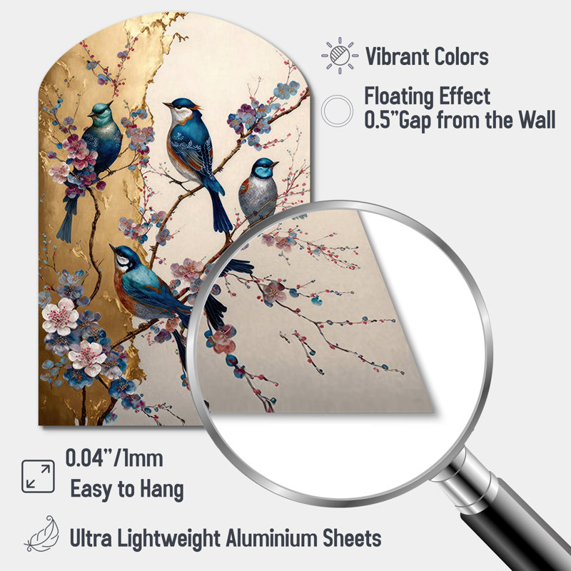 Multicolore oiseaux sur prunier en fleurs II - oiseau, art mural asymétrique en métal, arche moderne, H 34 po x l 25 po