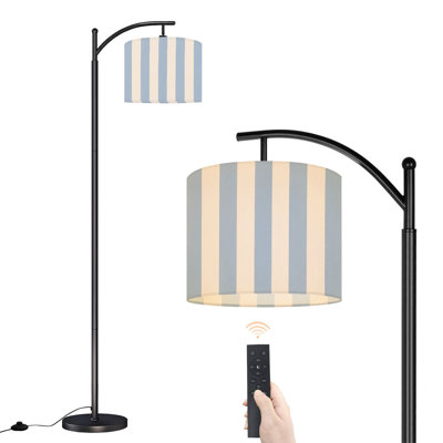 Arc Floor Lamp with Adjustable Lampshade Soft Blue Cream Striped Design Standing Lamp 3 Color Temperatures Dimmable Tall Pole Lamp with Foot Switch for Bedroom