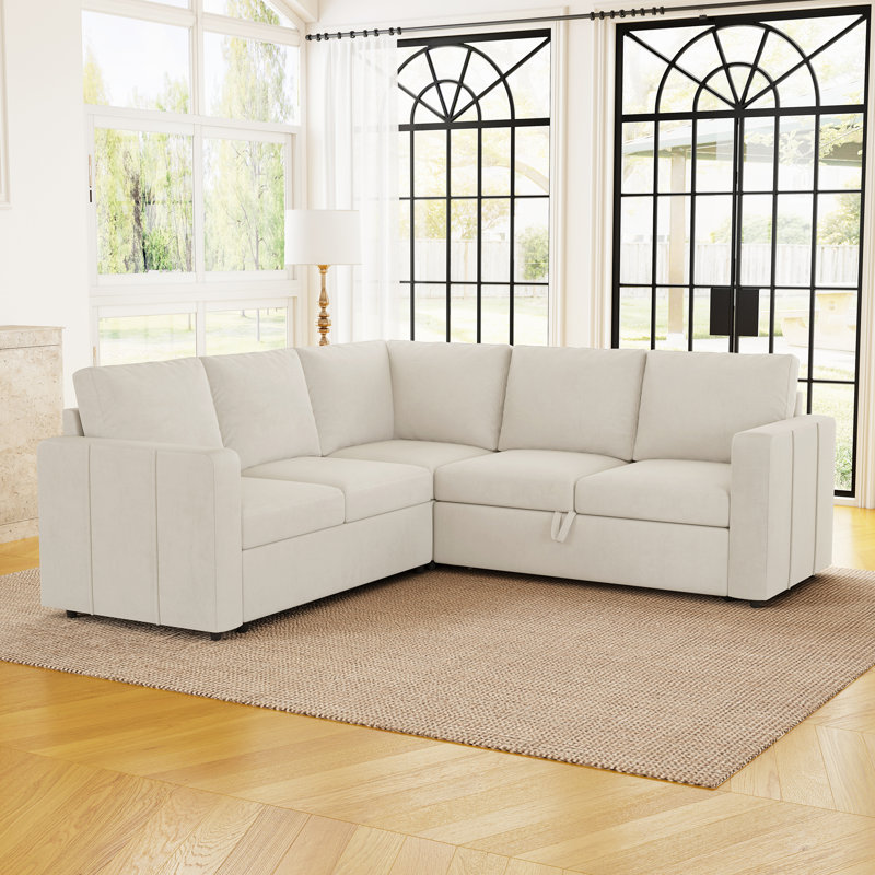 Aubade Storage L-Shaped Modular Sofa Set With Pull-Out Sofa Bed, Beige Velvet