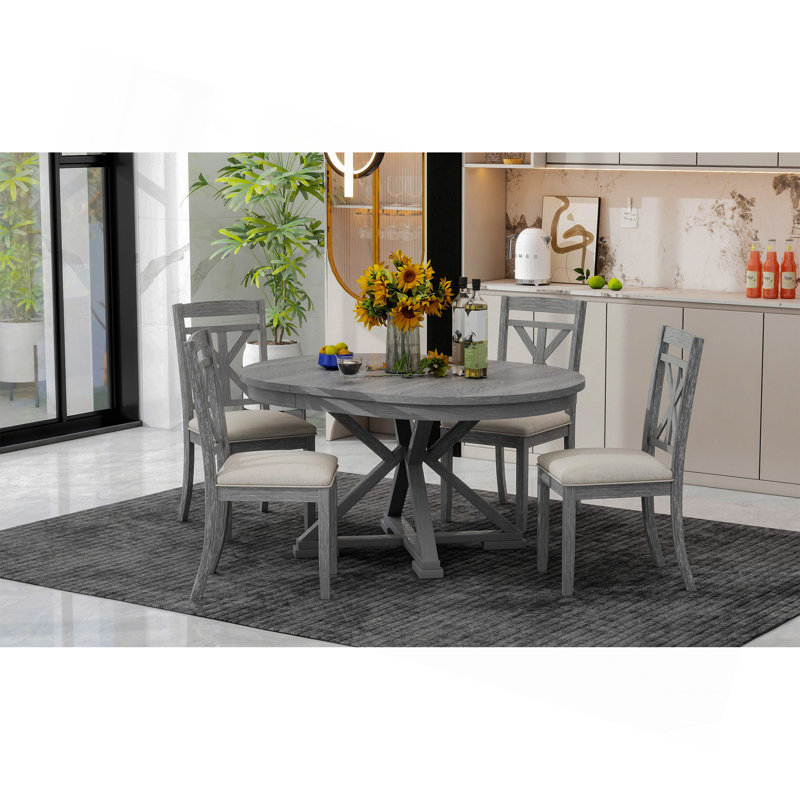 Ensemble 5 pièces de table de salle à manger extensible et 4 chaises rembourrées pour la salle à manger et le salon (gris)