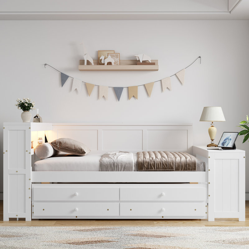 Daybed With Storage, LED Lighting, Desk,, White