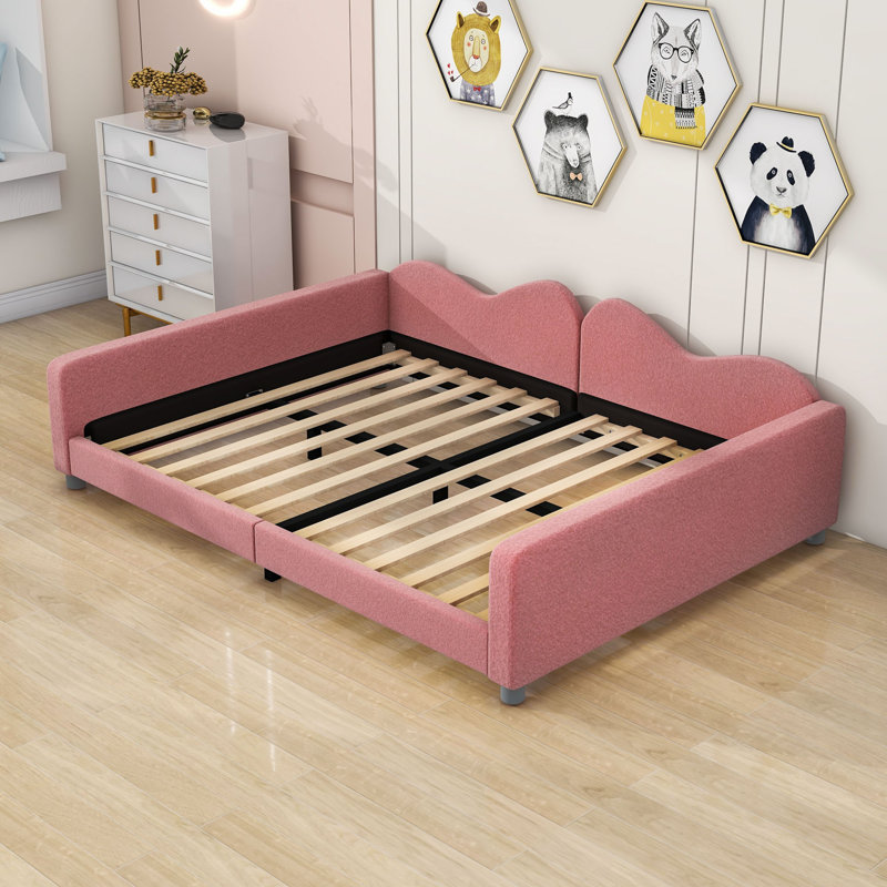 Wood Upholstered Daybed with Cloud-Shaped Backrest, Pink, Full