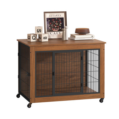 38.6" Dog Crate On Wheels, 2-Door Heavy Duty Indoor Kennel End Table For Small Dogs