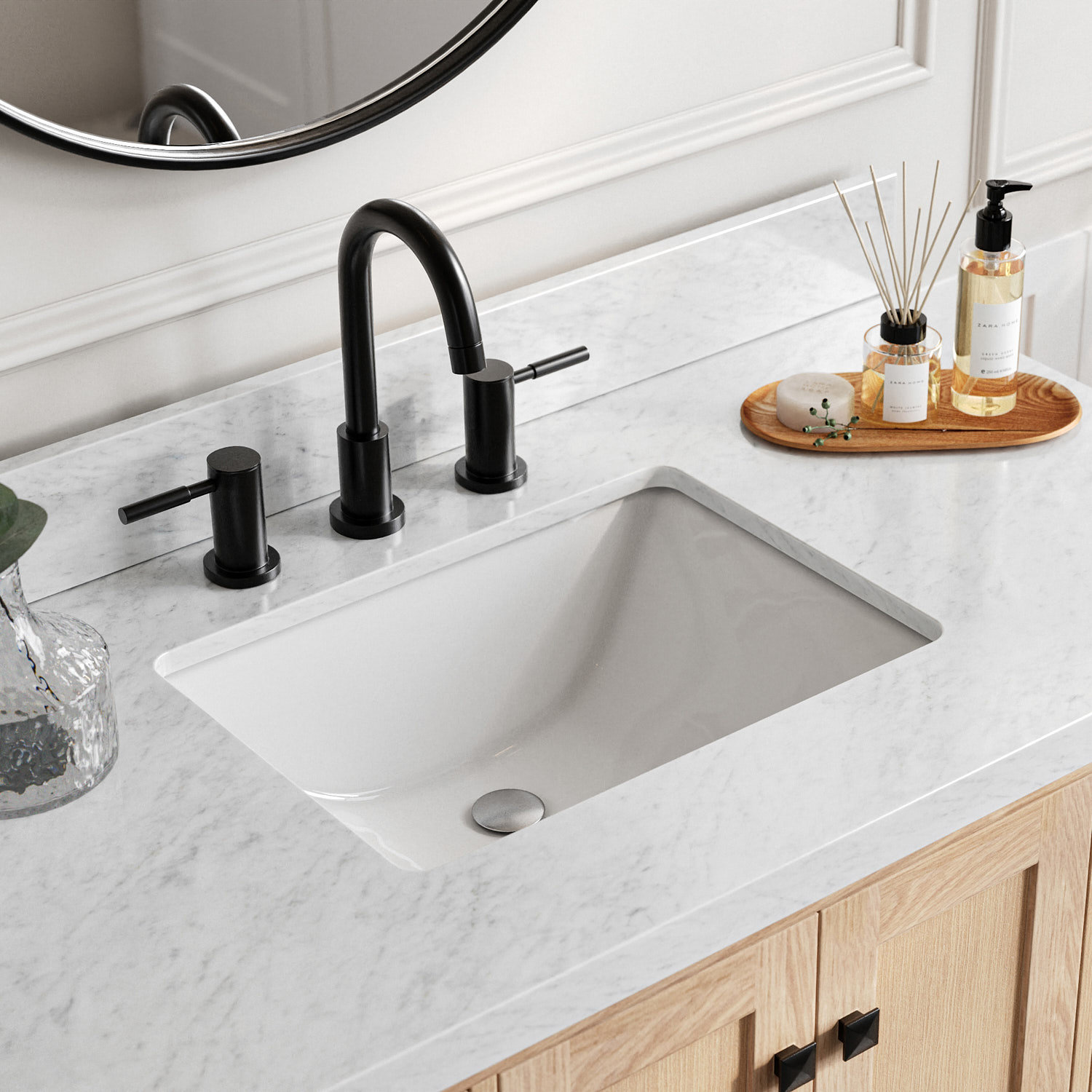 Cambridge 43 " Carrara Marble Single Bathroom Vanity, Rectangular, Oak / Matte Black