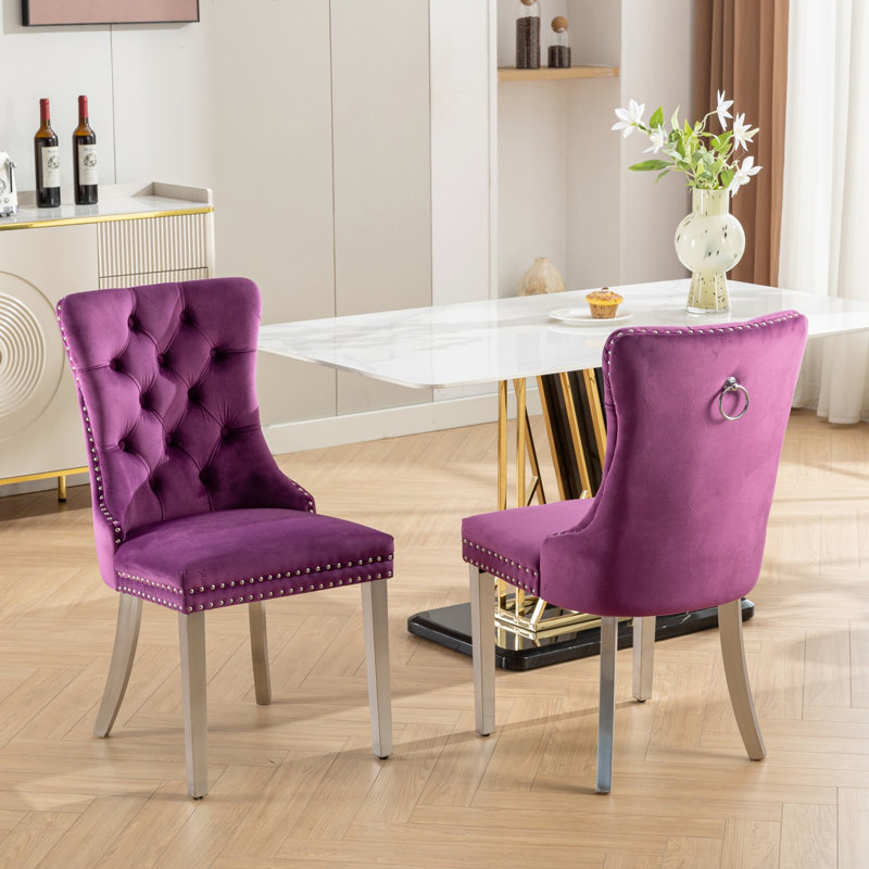 Modern Solid Wood Dining Chairs With Velvet Upholstery In Purple And Legs, Of 2 Graceful Trim Nailhead
