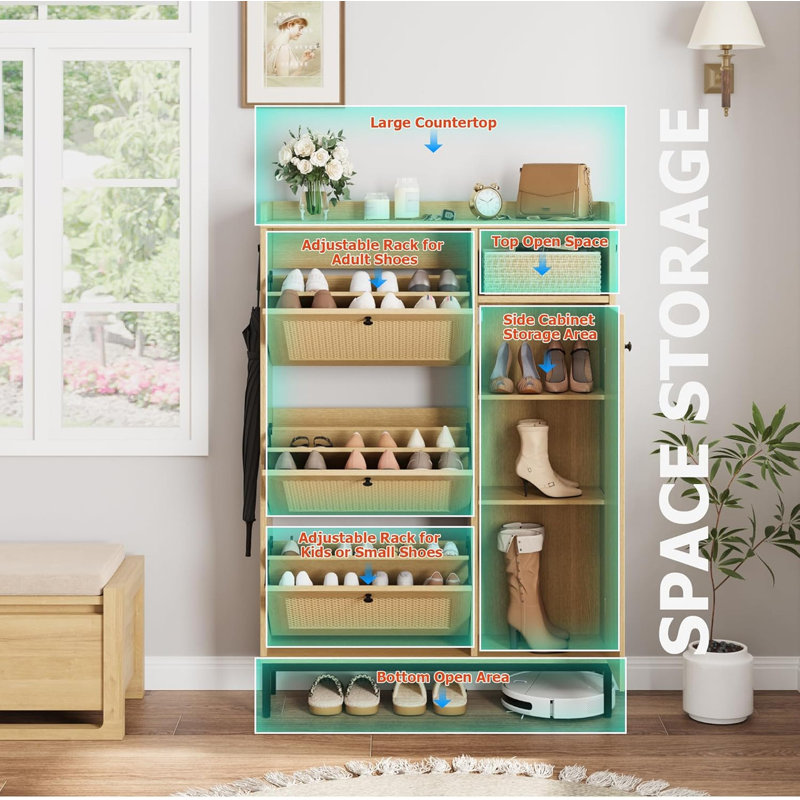 Rattan Wooden Shoe Cabinet with 3 Flip Drawers & Adjustable Shelves, Slim Entryway Organizer with Metal Knobs, Boho Style
