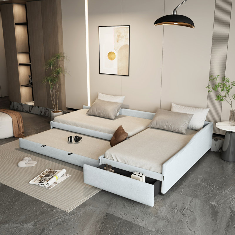 Upholstered L-Shape Double Twin Platform Beds With Trundle, Beige