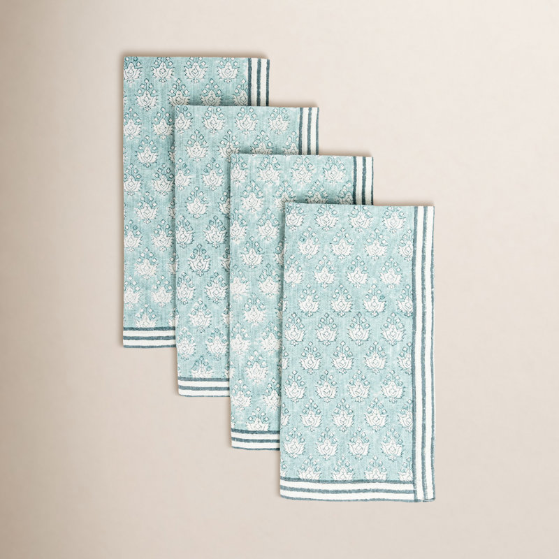 over&back Hand-Blocked Napkins, Set of 4, Blue Leaf