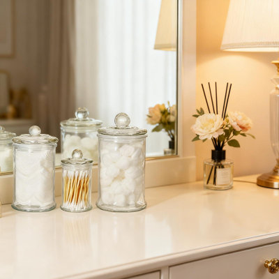 Set Of 3 Glass Apothecary Jars With Lids, Bathroom Canisters Storage Container Jars, Decorative Small Glass Apothecary Jar(Clear)