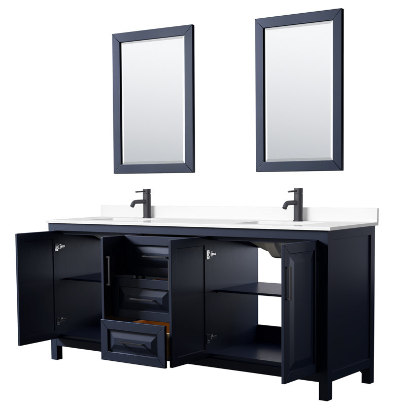 Daria 80'' W Double Vanity, White Cultured Marble, Dark Blue, Brushed Gold