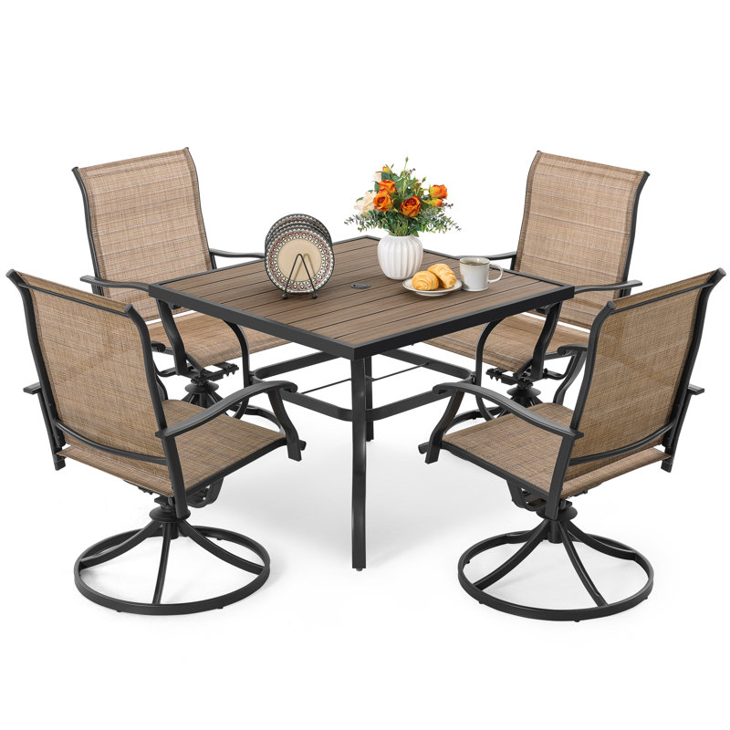  5-piece Patio Outdoor PVC-coated polyester And Metal Dining Set With Umbrella Hole and Faux Wood Tabletop
