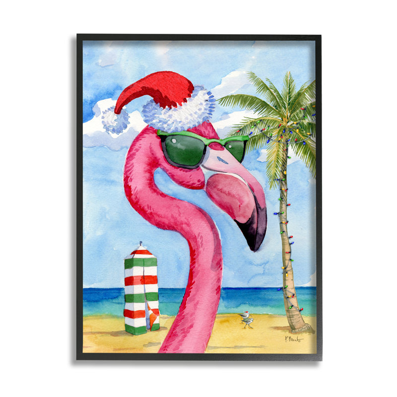 Flamant de Noël tropical par Paul Brent, H 14 po x l 11 po x P 1,5 po, Giclée encadrée noir minuit