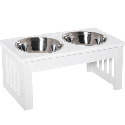 Support à bol surélevé pour chien, 6 po de hauteur, en acier inoxydable et en bois, blanc, base antidérapante, favorisant les bols à hauteur de vie pour animaux de compagnie avec un cadre en bois contemporain, facilitant le désordre et améliorant