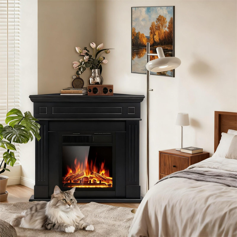  43" Freestanding Black Electric Fireplace Mantel Corner-Fit, 7-Level Brightness Realistic Triangular LED Flame, Remote-Controlled, Overheat Protection, 750W/1500W