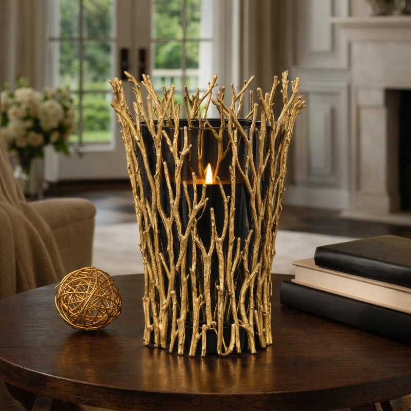 Mandy Mabrey Candle Holder, Branch Details, Gold Metal, Black Glass 13 Inch