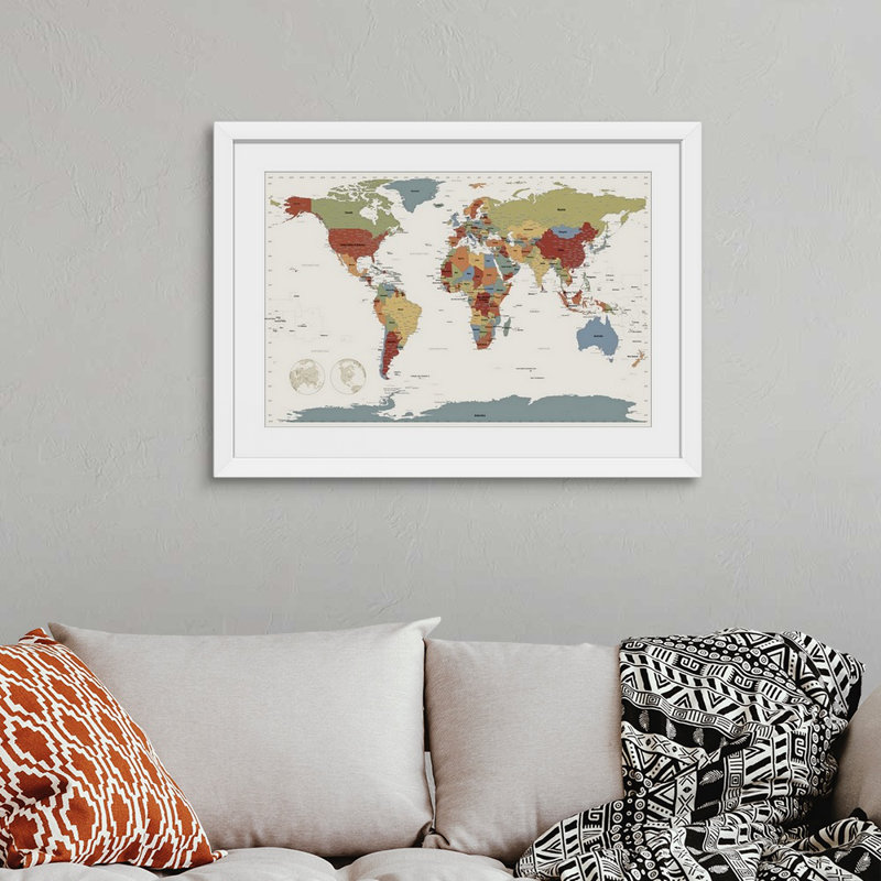 «World Map», impression par Michael Tompsett, H 28 po x l 38 po x P 1 po, Cadre blanc