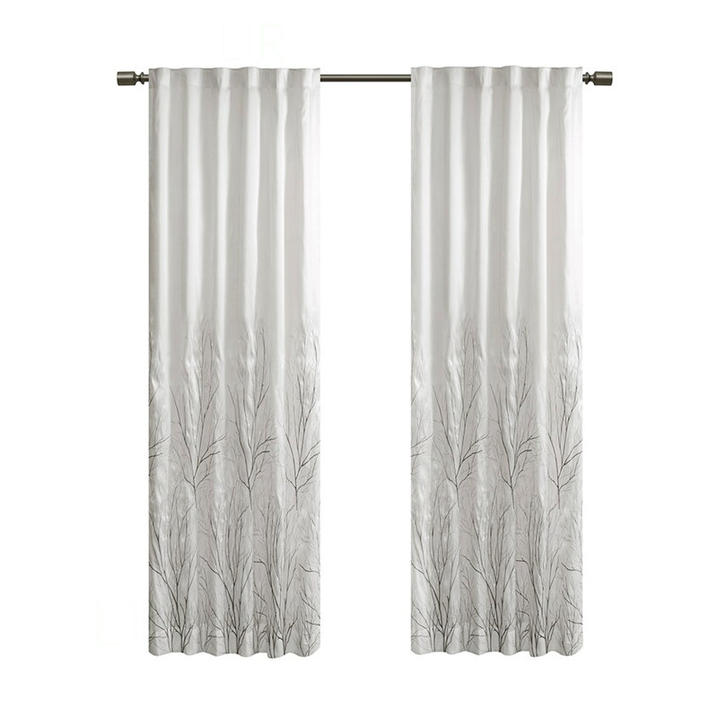 Elegant Branch Embroidery Faux Silk Curtain Panel, Single 50 Inch Wide For Enhanced Privacy And Fullness, White