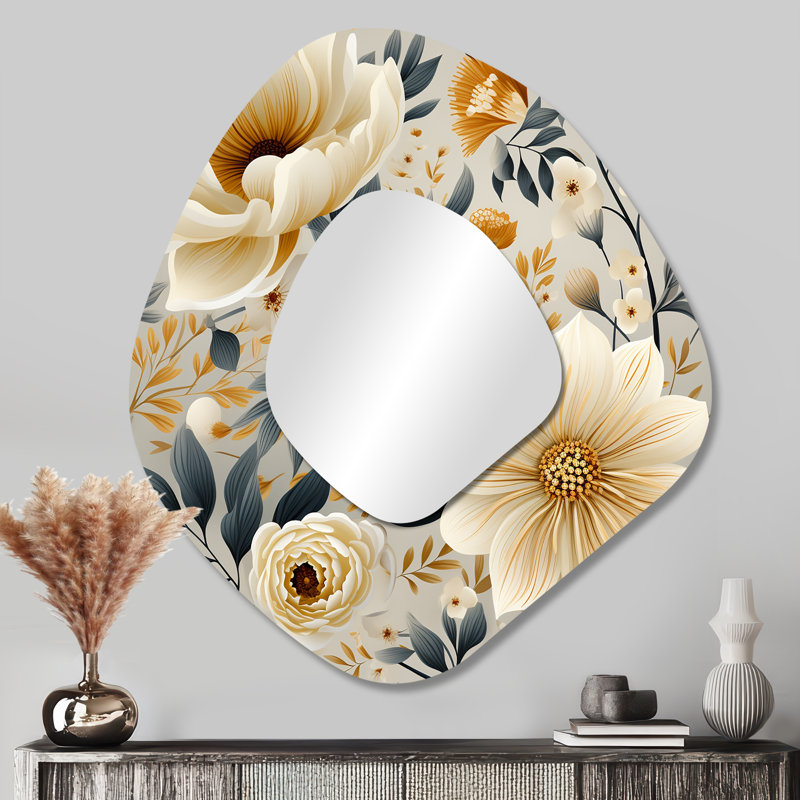 Neutre motif floral bohème - Boho - Grand miroir mural bohème asymétrique, 35 po x 31 po
