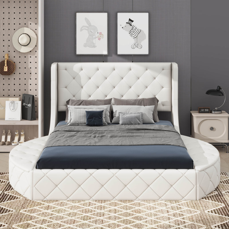 Queen Size Platform Bed With Wingback Headboard, Velvet Upholstery, One Large Drawer And Two Side Stools For Storage, Beige