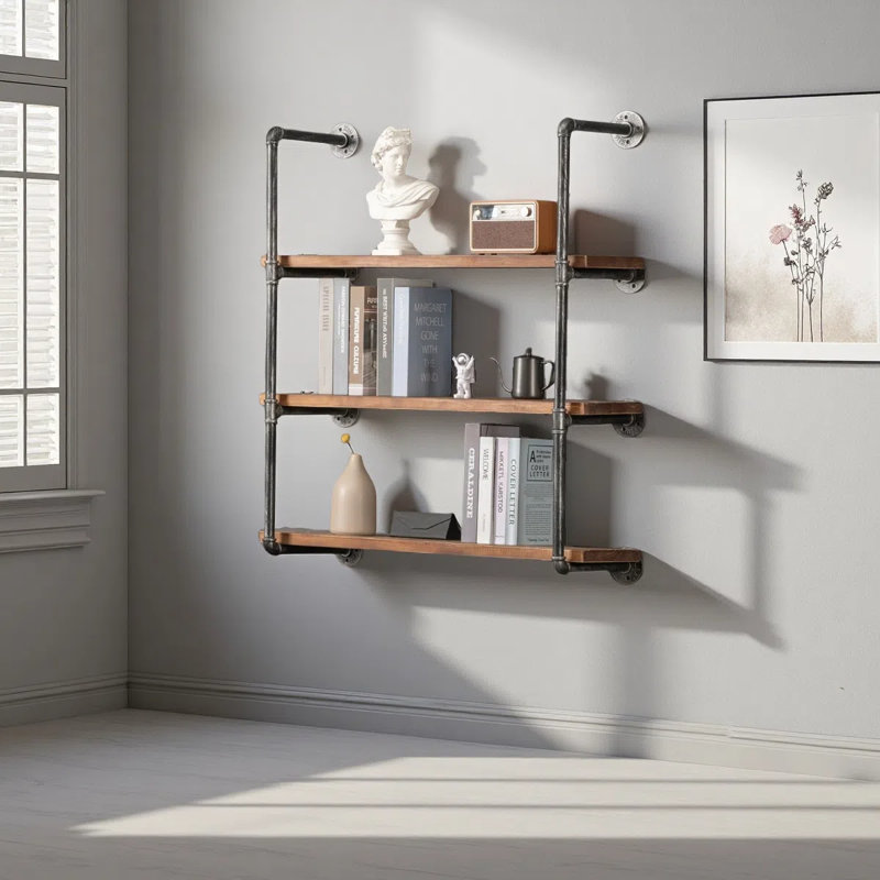 Industrial Pipe Shelf With Wood 35.7In,Rustic Wall Mount Shelf 3-Tiers,Metal Hung Bracket Bookshelf,DIY Storage Shelving Floating Shelves