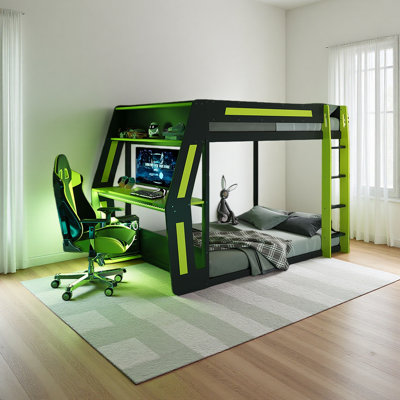 Lit superposé double pleine grandeur avec bureau RVB surdimensionné monté sur le côté, ports de charge USB et œillet pour câble, bande lumineuse à DEL, structure Esoft Loft robuste - conception fraîche