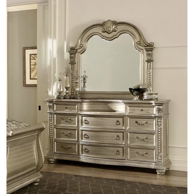 Silver Finish European Design 1pc Luxury Dresser with 11 Drawers Genuine Marble Insert Traditional Bedroom Furniture
