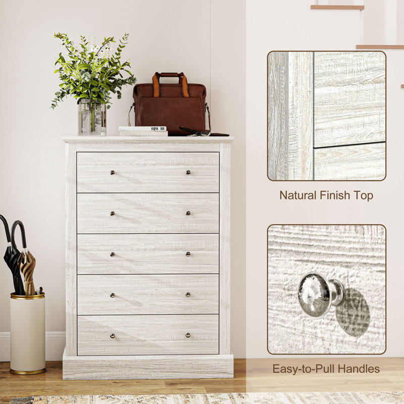Dresser for Bedroom with 5 Drawers, 31" Wide Farmhouse Chest of Drawers with Wood Top, Anti-Tip Kit, Protective Pads for Living Room Hallway Bedroom Closet, 