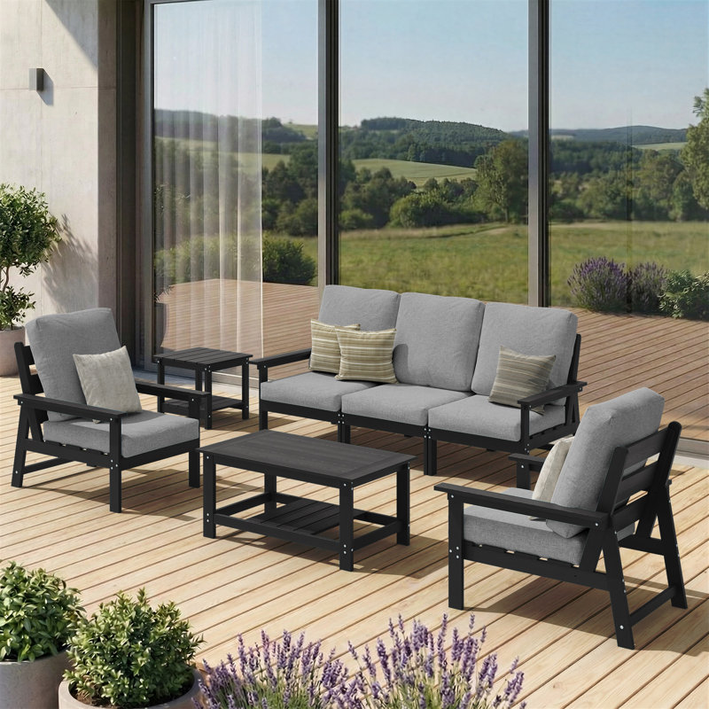 Outdoor patio 5-Person modular Sofa Conversation Seating Group with Cushions, Gray, Black