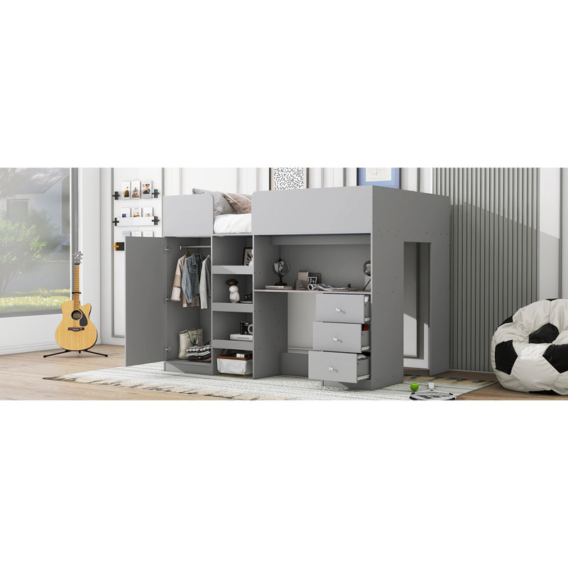 Lit mezzanine double en bois avec garde-robe intégrée, bureau, tablettes et tiroirs de rangement, gris