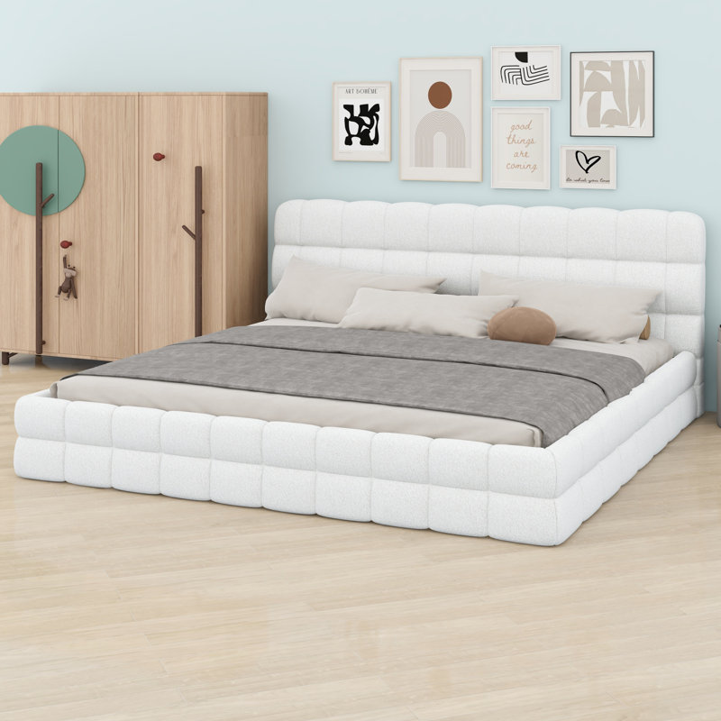 Modern Platform Bed with Upholstered Design, White