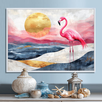 Gold Pink Flamingo On Bold Beach Landscape II - Flamingo Canvas Wall Art