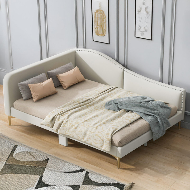 Lit de jour double rembourré avec tête de lit et accoudoirs, Beige, Double