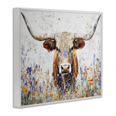 Texas Longhorn Speckled Flowers Black Framed Giclee Art, design by Franklyn Gregory