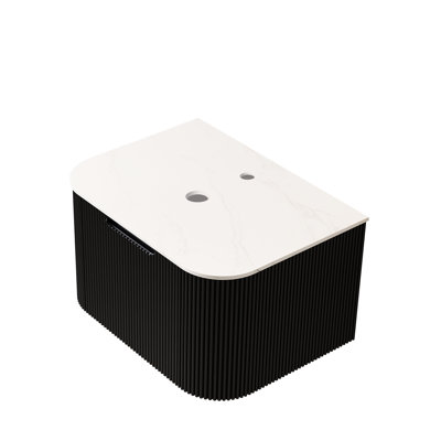 Meuble mural en contreplaqué de 61 cm (24 po), comptoir en pierre frittée blanche, noir, un tiroir, sans lavabo ni drain, style français 3D, rayures, meuble noir bien conçu avec lavabo intégré.