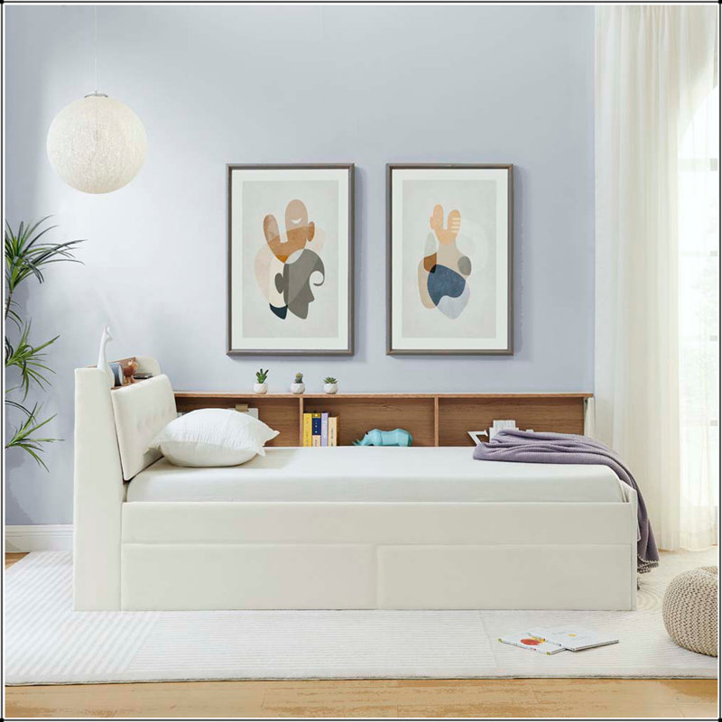 Lit de jour simple en velours avec tête de lit, chargement sans fil et lumières DEL, Beige