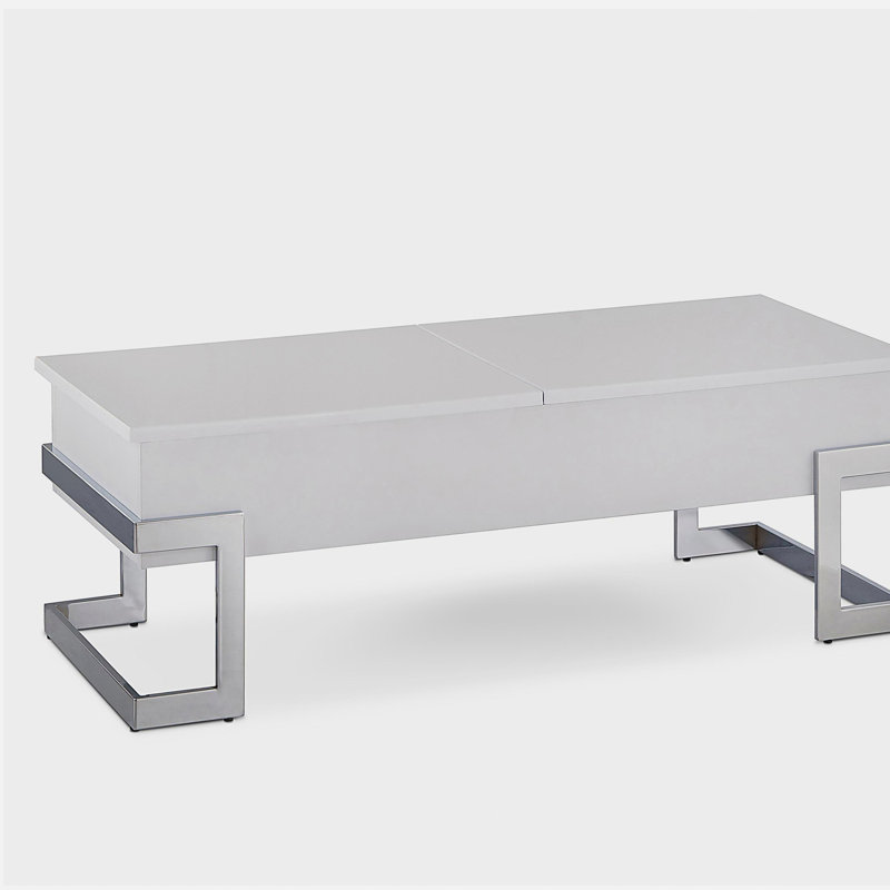 Table basse haute brillance et chrome avec plateau relevable, Blanc