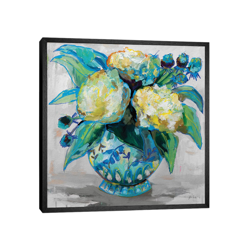 Ginger Jar I Gray by Jeanette Vertentes - Painting on Canvas, 45.72cm H x 45.72cm W x 3.81cm D, Black Framed