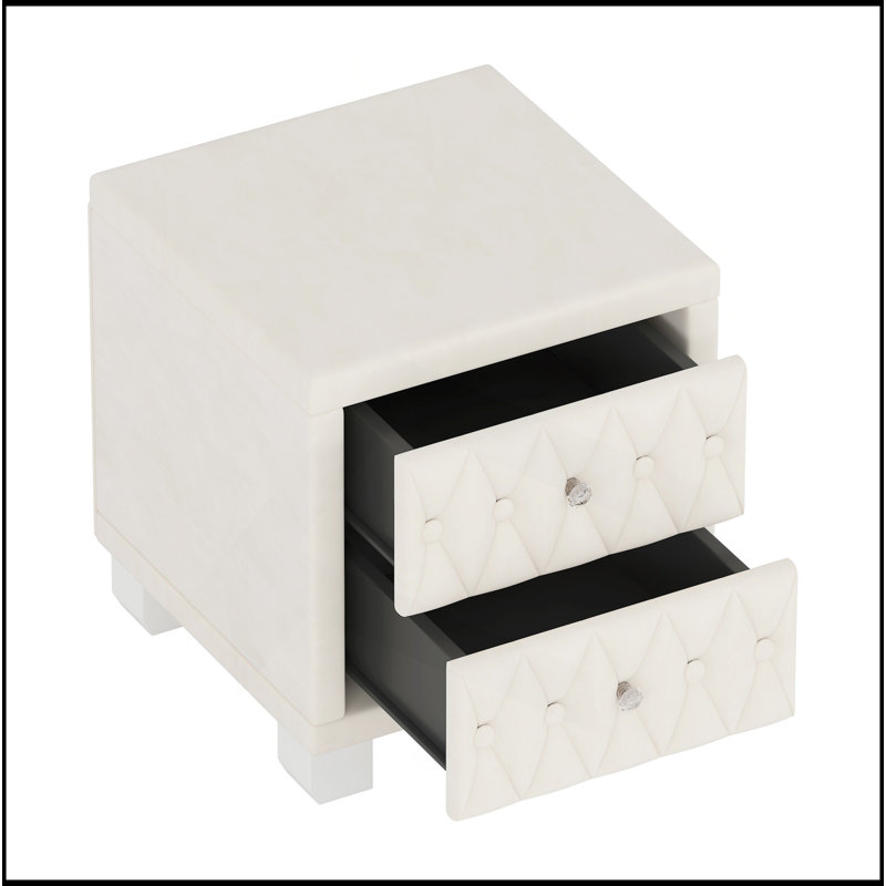 Élégante table de chevet en velours avec 2 tiroirs et poignée en cristal, table de chevet avec capitonnage, Beige