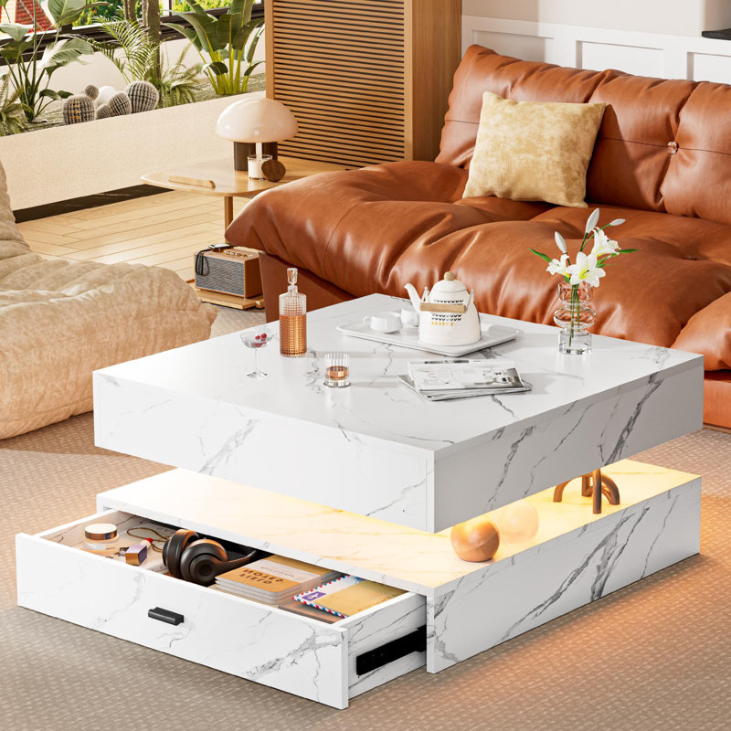 Led Coffee Table For Living Room, 2-Tier Square Coffee Tables, Modern Center Table With Storage, Wooden Living Room Tables For Home Office (Marble))