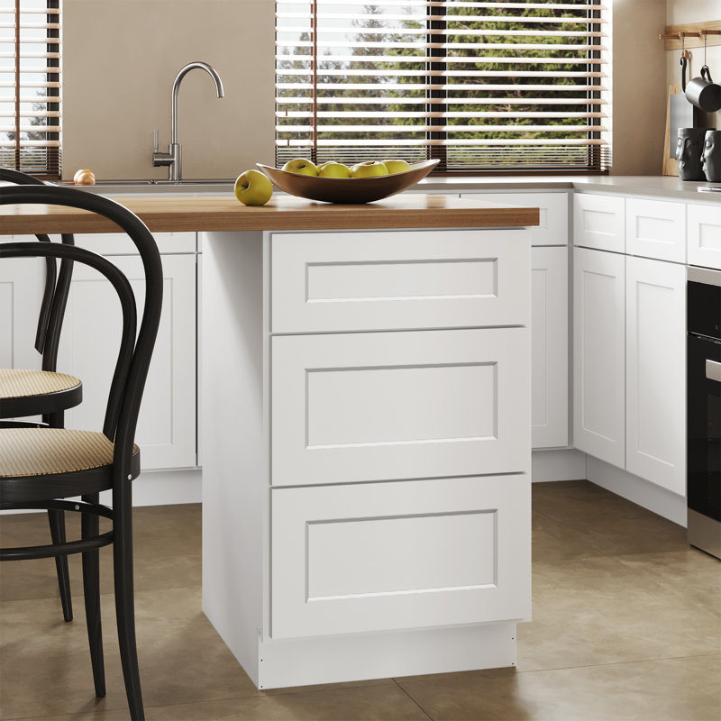 Armoire de base prête à assembler à 3 tiroirs, Blanc shaker, H 34,5 po x l 21 po