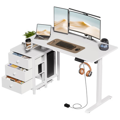 REAHOME 48 Inch Stangding Desk with File Drawers and Charging Station, White
